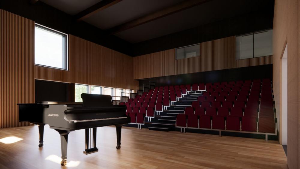 Graphic illustration of recital room with grand piano and audience seating